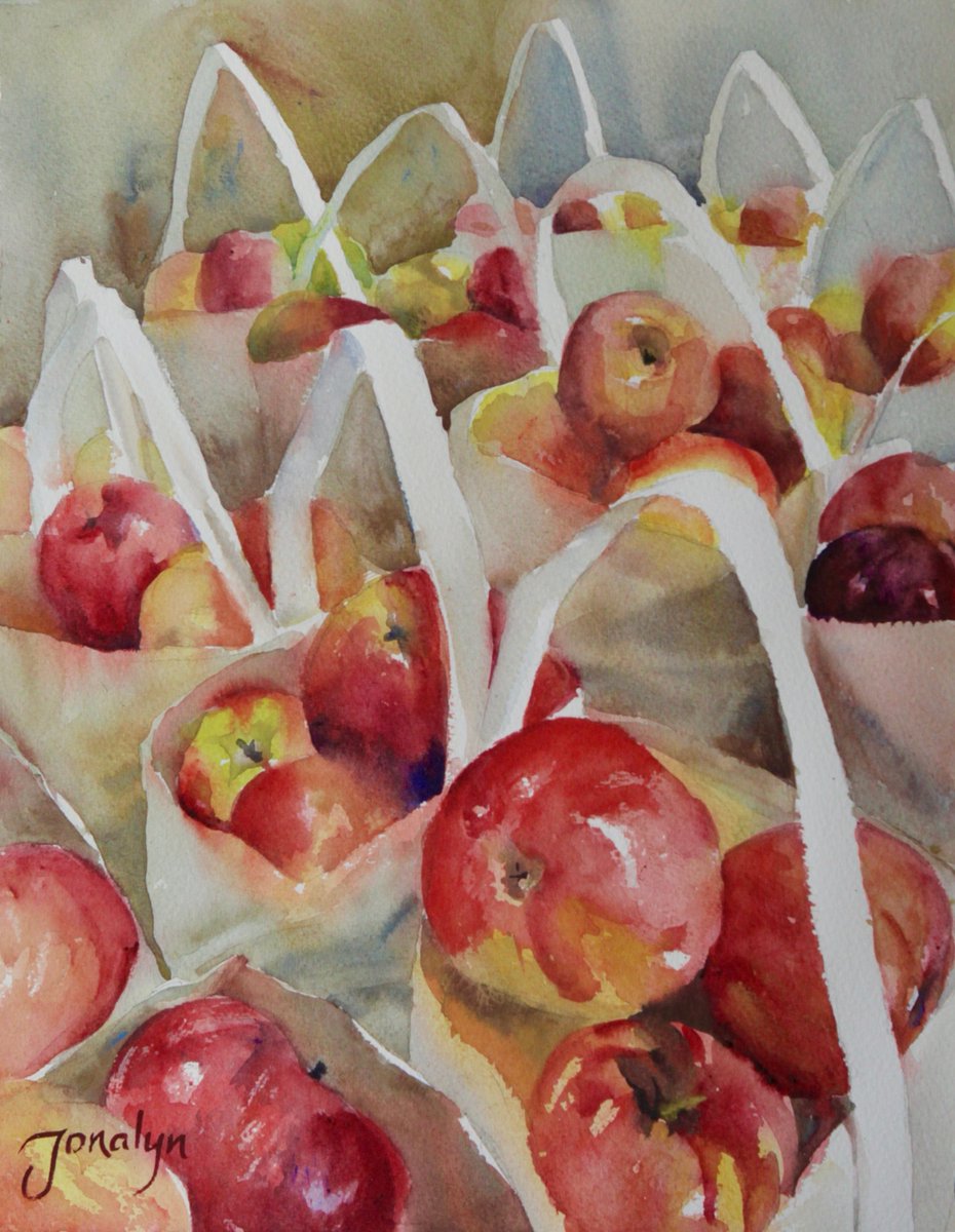 JonalynFincher's tweet photo. Autumn means abundance to me. These Cortlund Red apples from Applecrest were a wonderful subject, especially in those crips white bags. I love looking at them!

"Cortlund Reds", 15 x 11", original watercolor, available for Christmas.

#wolfeboro #newhampshireartist #newenglandart https://t.co/Cmc2v1pNZ3