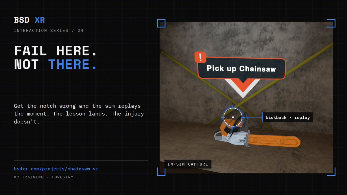 BitSpaceDevelop's tweet photo. In real life you get one kickback. In VR you can watch it again in slow motion. Chainsaw VR teaches respect for the tool before anyone holds one.

https://t.co/RstQ6OHbu6

#ChainsawSafety #VRTraining https://t.co/bYRjltO38T