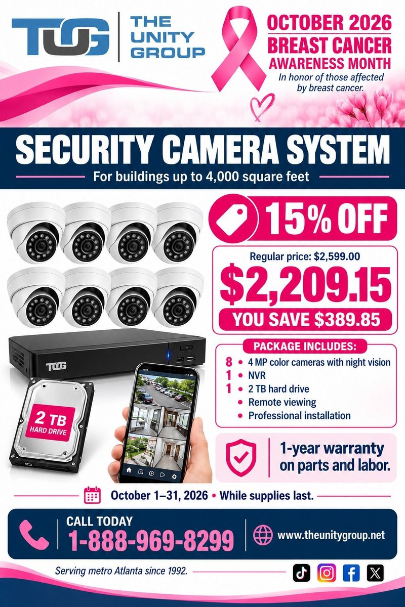UnityGroupAtl's tweet photo. October: Security Camera System 15% OFF for buildings up to 4,000 sq ft, now $2,209.15. 1-888-969-8299 | https://t.co/k89d7om9Ay #SecurityCameras #VideoSurveillance #SecuritySystem #CommercialSecurity #TheUnityGroup https://t.co/GpQC9USUx9