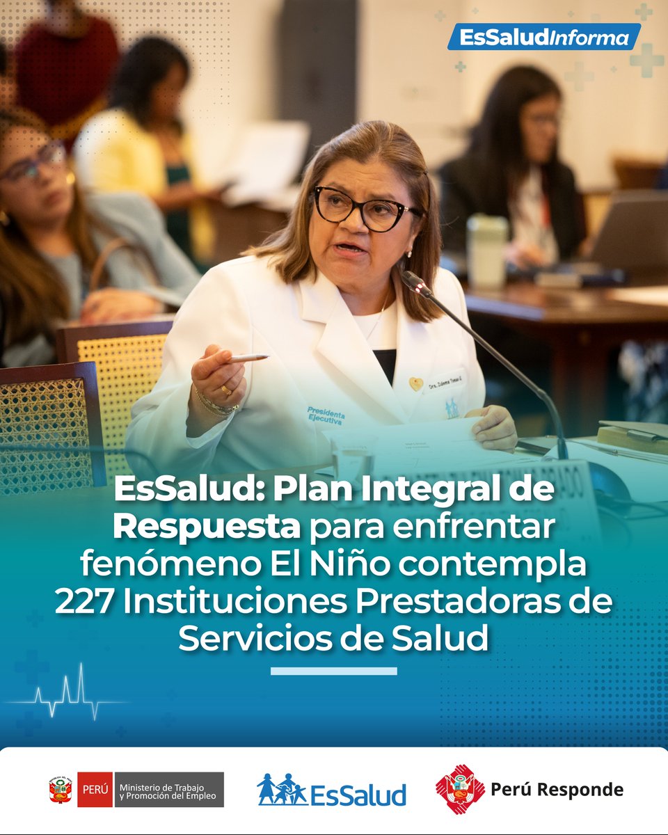 EsSaludPeru's tweet photo. 🔵 #EsSaludInforma | Nos preparamos ante el fenómeno El Niño 2026–2027.
La presidenta ejecutiva de EsSalud, Dra. Zulema Tomas Gonzáles, presentó ante el Congreso el Plan Integral de Respuesta, que contempla 227 establecimientos de salud en 30 redes asistenciales, priorizando 79 en el norte del país.
🏥 Además, anunció propuestas para fortalecer los recursos destinados a medicamentos, infraestructura y equipamiento médico, con el objetivo de garantizar la continuidad de la atención a nuestros asegurados.
#EsSalud #FenómenoElNiño #LaSaludNoEspera