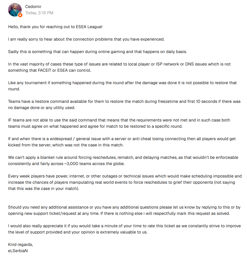 TRCSEsports's tweet photo. Are you kidding me? Look at this response :D. Three of us get kicked off the server at the same time, and you just brush it off by saying it’s a DNS or ISP issue. Is this really how unprofessional you can be? +++ https://t.co/AJSRFYNVbT