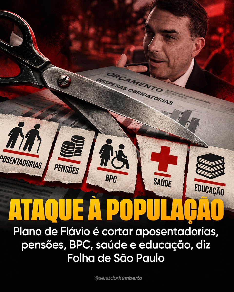 senadorhumberto's tweet photo. Flávio Bolsonaro não esconde pra ninguém que quer desgraçar o Brasil. Hoje, a Folha revela o seu plano de governo, caso eleito, para cortar R$ 250 bilhões de aposentadorias, pensões, BPC, saúde e educação com a finalidade de fazer acenos ao mercado financeiro internacional. https://t.co/DmePIJ8h5u