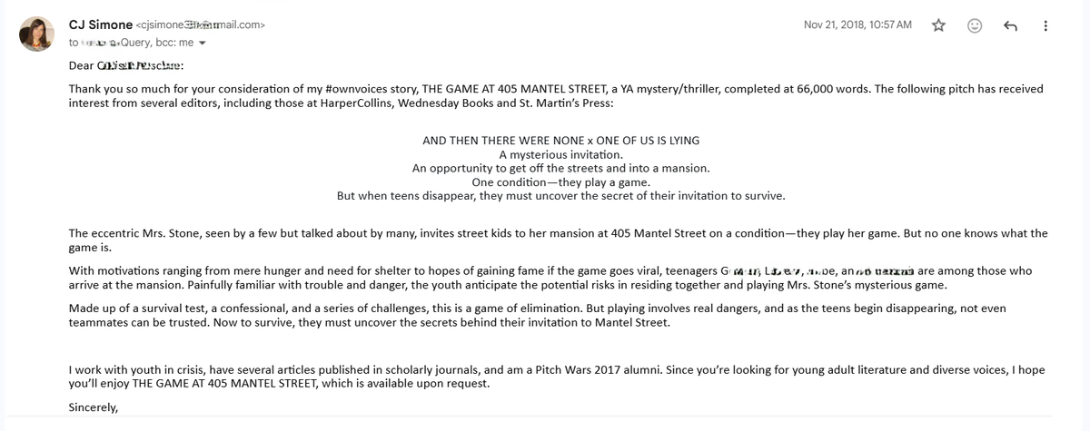 CJSimone333's tweet photo. 405 Mantel Street sample query in 2018 (some of the 30+ requests birthed out of PitMad &amp; others were from cold queries). 

Key differences to the story after incorporating R&amp;R &amp; other feedback: 

1) It's now single POV
2) The setting is more developed
3) Romance between MCs https://t.co/AoLHgLpctp