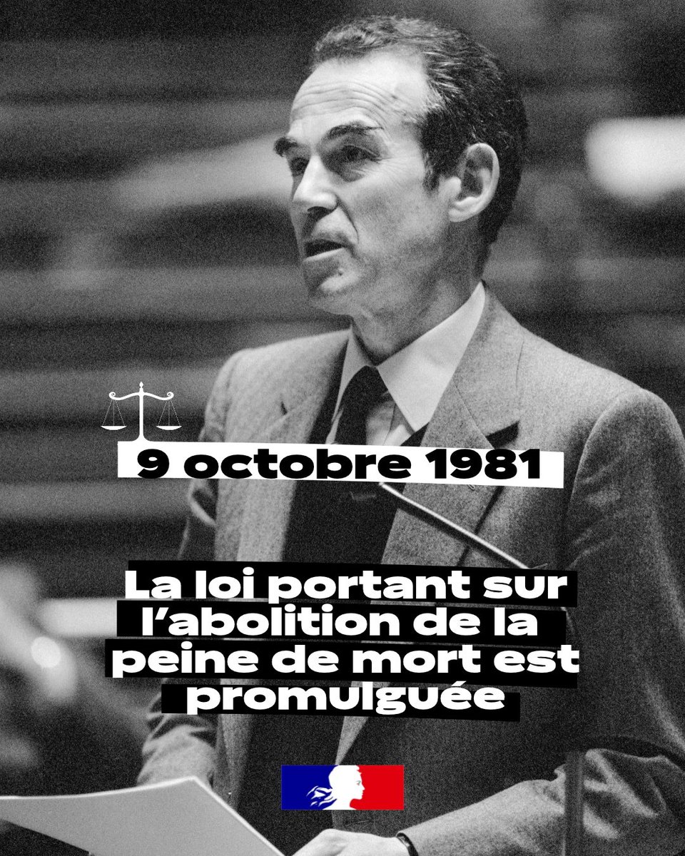 justice_gouv's tweet photo. #CeJourLà | 9 octobre 1981 : la France abolissait la peine de mort.
45 ans après, cette date reste un repère dans l'histoire de la #justice française, incarnée par l'engagement de Robert Badinter, alors garde des Sceaux. https://t.co/77nFihBPrx