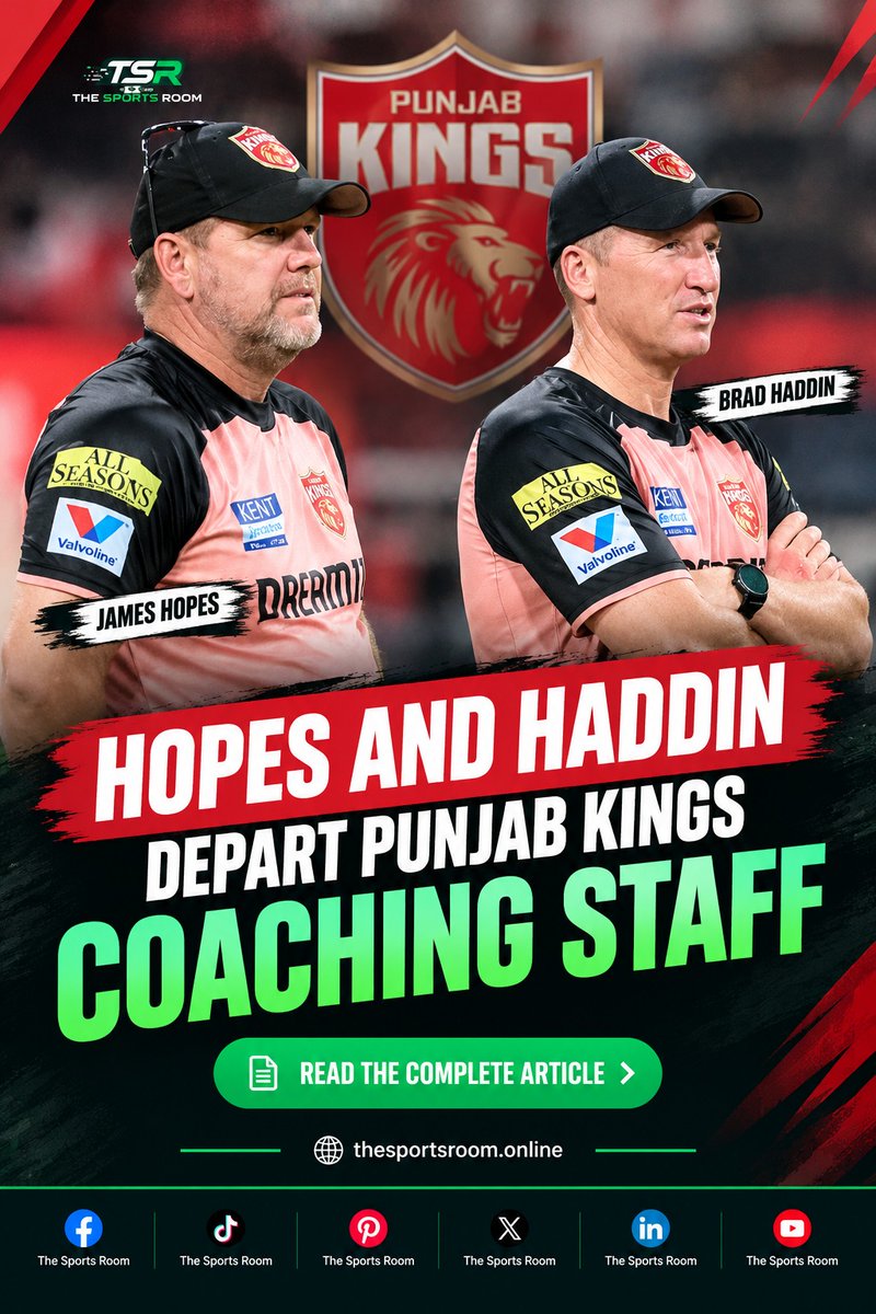 TSRVerse's tweet photo. Hopes and Haddin Depart Punjab Kings Coaching Staff

Read more:

https://t.co/bOzCjVdAjN

#PunjabKings #PBKS #JamesHopes #BradHaddin #RickyPonting #IPL2027 #IPL #Cricket #TheSportsRoom https://t.co/kH74jLuXYJ