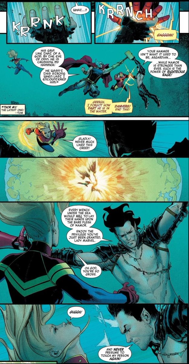CamMTE01's tweet photo. @Teslimatttt Namor solod the Avengers, ACTUALLY trading blows with them and no selling their attacks. He’s also routinely able to go toe to toe with characters like Hulk, Sentry, Thor, Beta Ray Bill, the Silver Surfer, Hercules, Wonder Man etc. He’s number 1 while the rest could be anywhere https://t.co/zpbSQ7u9w5
