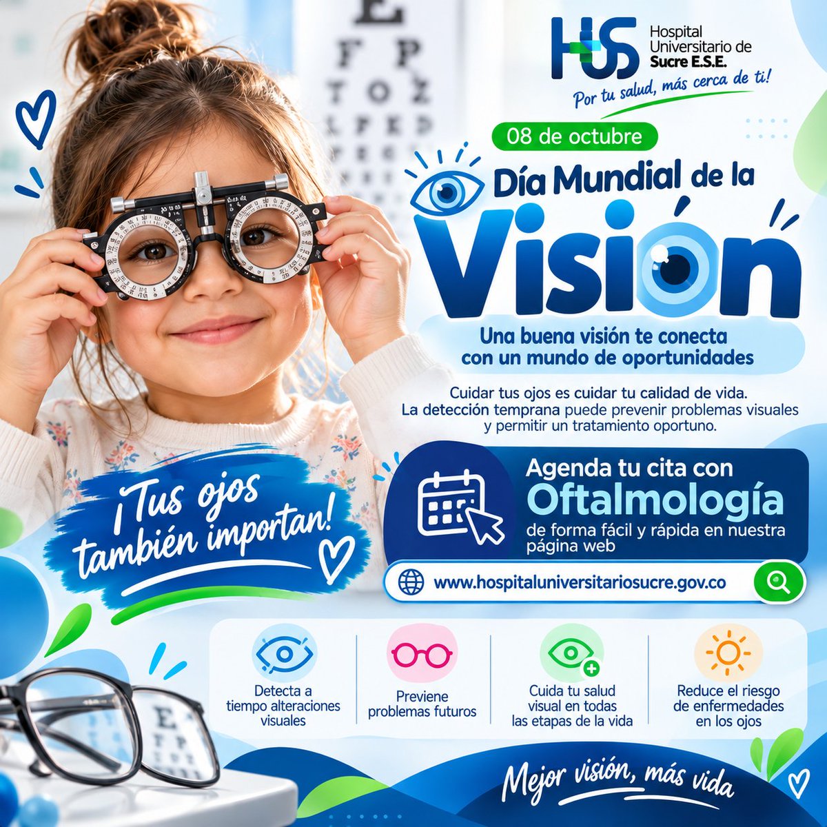 hussucre's tweet photo. 👁️💙 8 DE OCTUBRE | DÍA MUNDIAL DE LA VISIÓN 💚
✨ ¡TUS OJOS TAMBIÉN IMPORTAN! ✨
🌎 Ver el mundo, reconocer los rostros que amamos, disfrutar los colores de la vida y descubrir nuevas oportunidades son regalos que merecen ser cuidados. 💙 https://t.co/zeOhz76dCE