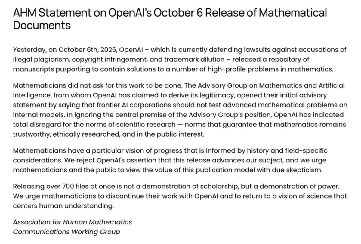 Text of the AHM statement on OpenAI's October 6 release of mathematical documents, signed by the Association for Human Mathematics Communications Working Group