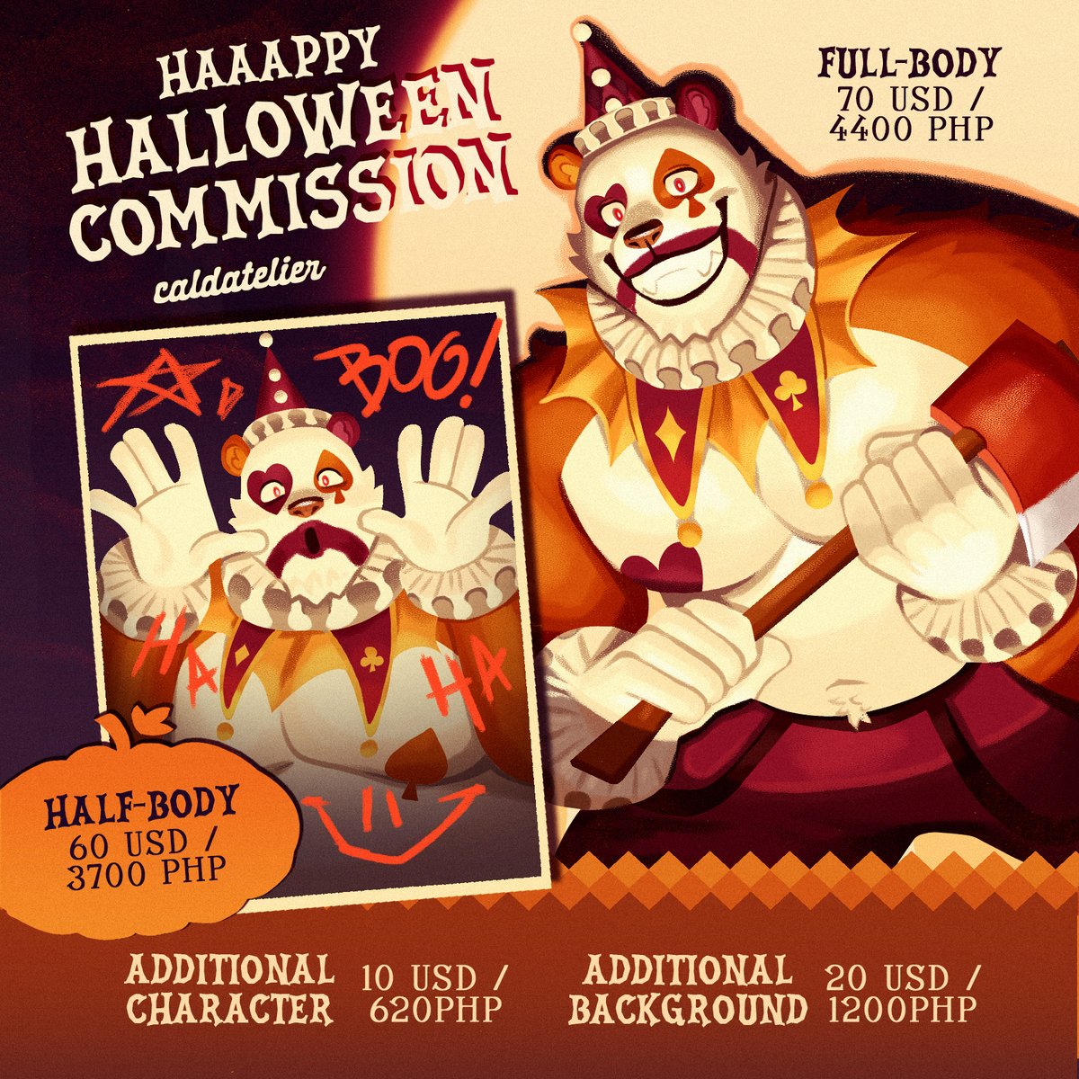 caldatelier's tweet photo. Boo!
I'm open for Halloween commissions this month. It's time to express your eerie side! I can turn your character into a scary creature or costume for your fun Halloween party. 

Email me at cjreynaldo1002@gmail.com instead of direct-messaging me. 

Let's get spooky! 🧌 https://t.co/od4dTkMCWA
