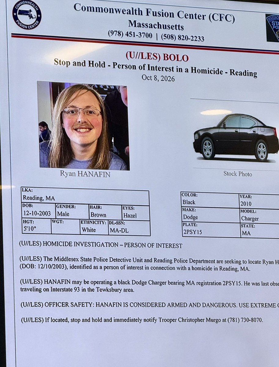 ChelseaScanner's tweet photo. #BOLO - Stop And Hold
Person Of Interest In A
Homicide Town of Reading

Ryan Hanafin operating a
2010 Black Dodge Charger
Mass. Reg 2PSY15 
#ReadingHomicide
#PersonOfInterest https://t.co/8XKpVrddKJ