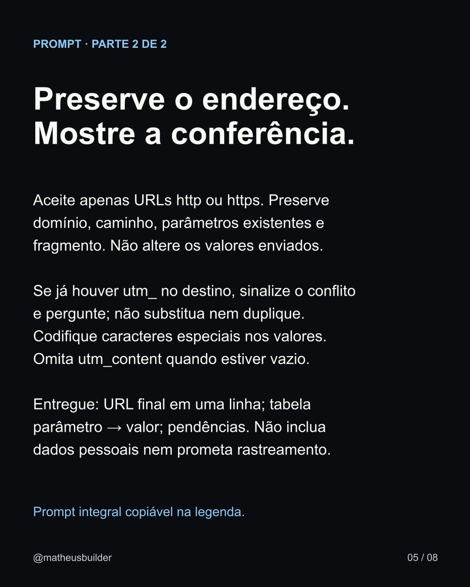 Matheus_Builder's tweet photo. 2/2 Prompt, link e revisão nas telas 5–8. Salve para aplicar.
Exemplo fictício: https://loja.example/guia?idioma=pt&utm_source=instagram&utm_medium=social&utm_campaign=guia_outono&utm_content=carrossel_01

AI Hub da Mood Solutions: https://t.co/dOzK6jLcMm
Fonte: https://t.co/ousdweH1rT
Foto: Mikael Blomkvist/Pexels https://t.co/QrxUscCTeS