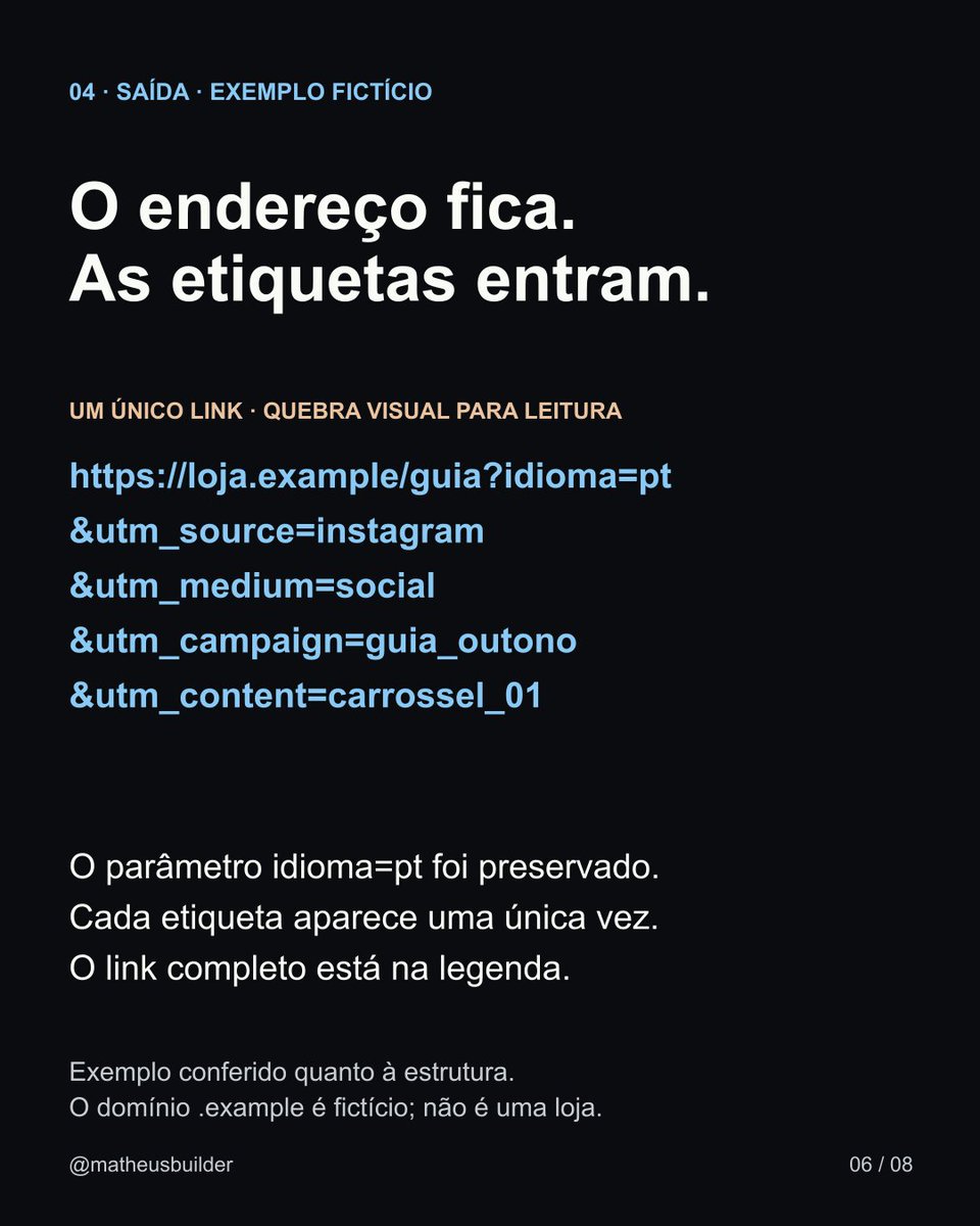 Matheus_Builder's tweet photo. 2/2 Prompt, link e revisão nas telas 5–8. Salve para aplicar.
Exemplo fictício: https://loja.example/guia?idioma=pt&utm_source=instagram&utm_medium=social&utm_campaign=guia_outono&utm_content=carrossel_01

AI Hub da Mood Solutions: https://t.co/dOzK6jLcMm
Fonte: https://t.co/ousdweH1rT
Foto: Mikael Blomkvist/Pexels https://t.co/QrxUscCTeS