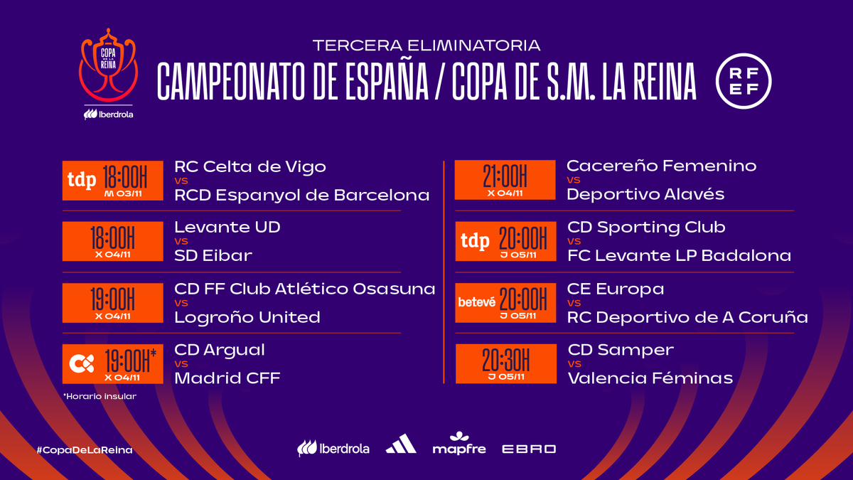 rfef's tweet photo. 👑 La batalla por la corona continúa en la 𝘁𝗲𝗿𝗰𝗲𝗿𝗮 𝗲𝗹𝗶𝗺𝗶𝗻𝗮𝘁𝗼𝗿𝗶𝗮.

⏰ Consulta los 𝗛𝗢𝗥𝗔𝗥𝗜𝗢𝗦 de la siguiente ronda de la #CopaDeLaReinaIberdrola.

ℹ️ https://t.co/SYIFF5CIxA https://t.co/26NeIpLwnV