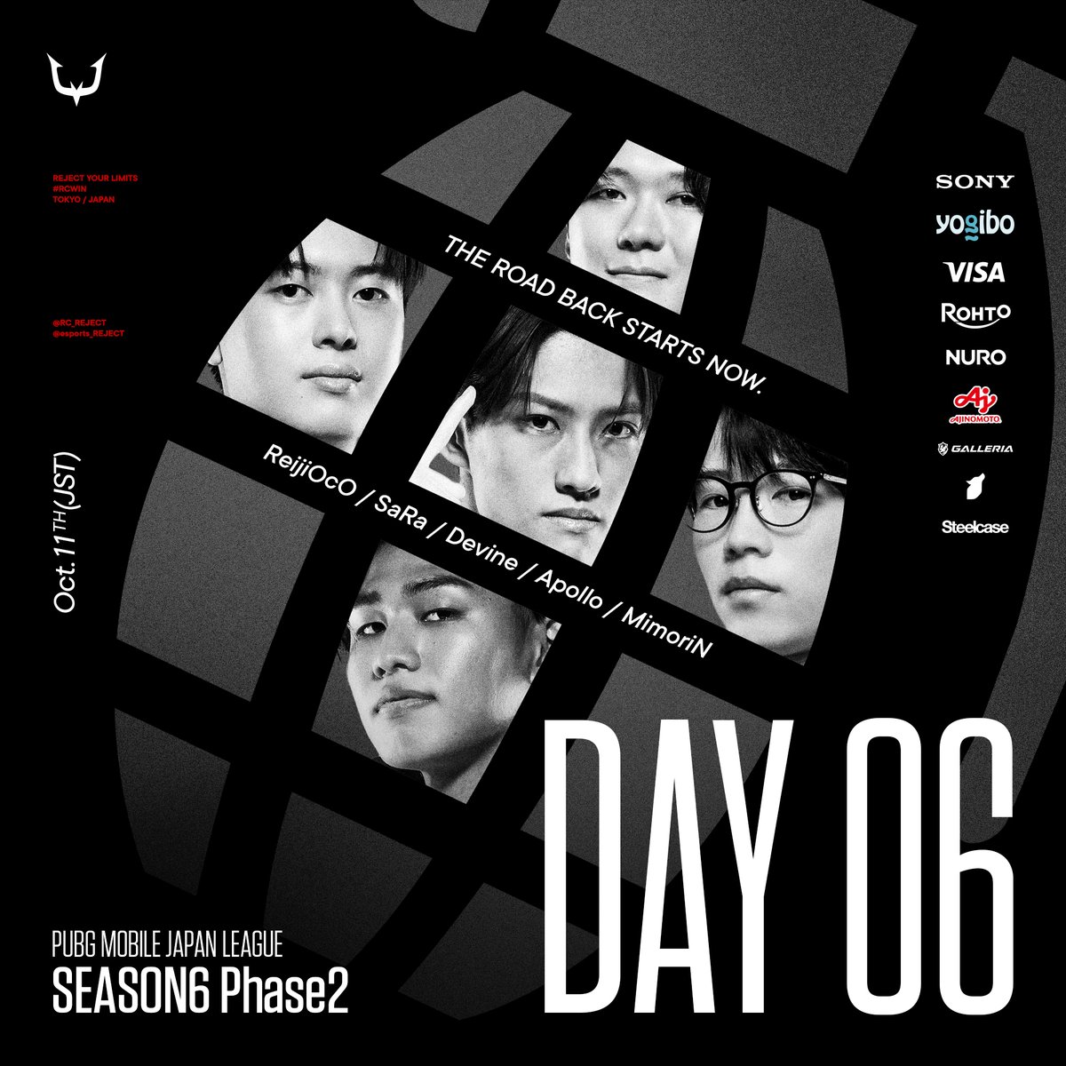 esports_REJECT's tweet photo. PMJL Season6 Phase2 Main Round Day6
10/11(日) 15:20～

📺 : https://t.co/cDZyLCYSbl
🗺 : https://t.co/4EYmEQSpQz

Player
SaRa @BLUEBERRYNOOB__
ReijiOcO @reijioco22
Devine @Devine_pubg
Apollo @pubgm_Apollo
 
Coach
MimoriN @1mimote

#RCWIN #PMJL