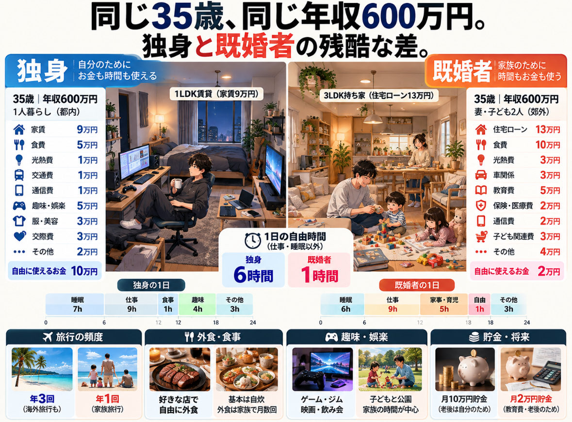 pen_fire88's tweet photo. 同じ35歳、年収600万円。
　
独身と既婚者、ここまで違う。
　
結局、幸せなのはどっち？ https://t.co/08R74ngO5Q