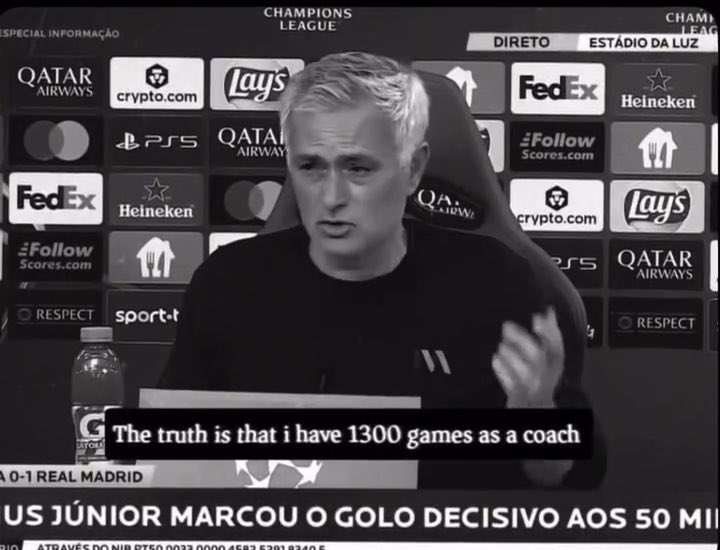 A black and white image of soccer manager José Mourinho at a Benfica-Real Madrid Champions League press conference with caption 'The truth is that I have 1300 games as a coach'.