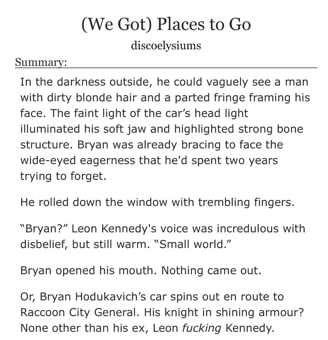 leonkennedeys's tweet photo. (We Got) Places to Go by discoelysiums on ao3

first chapter of #bryeon movieverse au where they are exes and have to get to racoon city together out now 

🔗 https://t.co/JT4WPRpAFi https://t.co/SH3szdYmEy