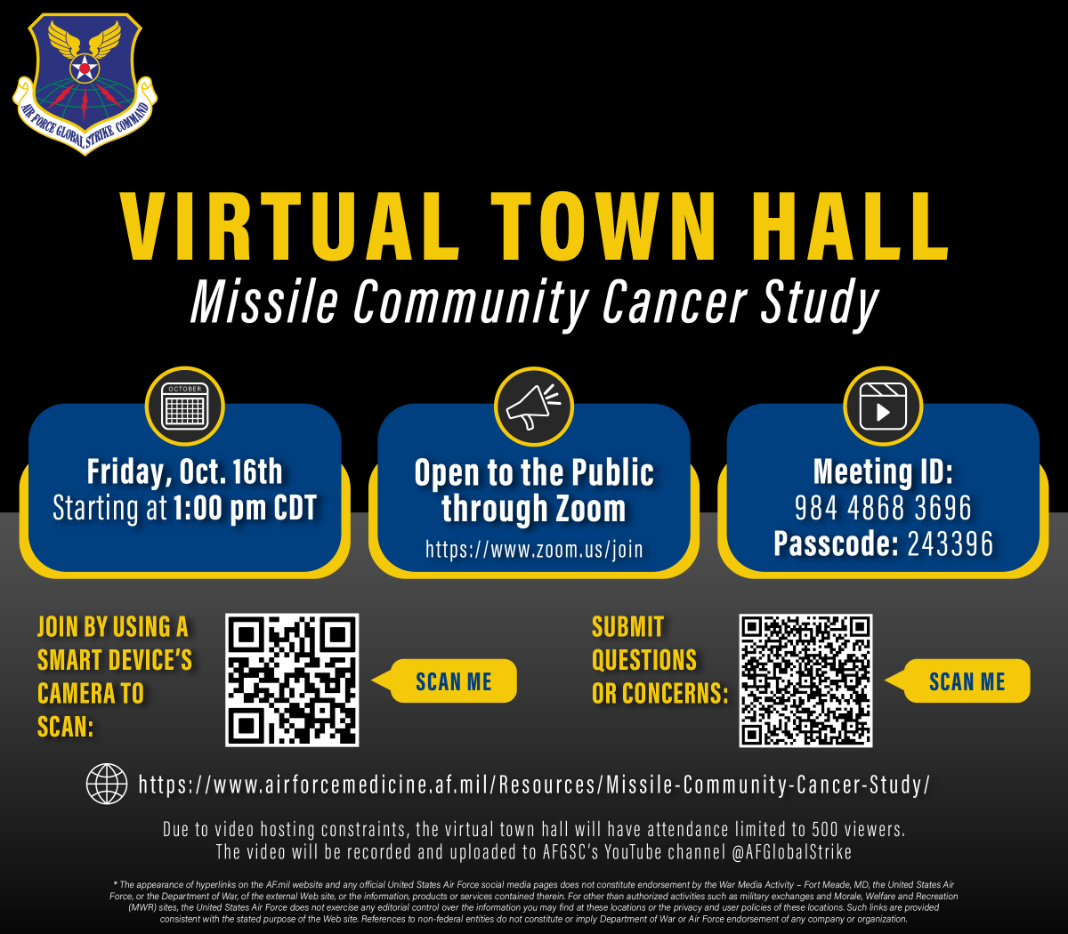AFGlobalStrike's tweet photo. Our next Missile Community Cancer Study (MCCS) Virtual Town Hall (VTH) will take place Friday, October 16 at 1 pm CDT. 

More info here: https://t.co/yWFL9X78Fj

@US_STRATCOM | @usairforce | @USSpaceForce | @AFResearchLab | @20thAirForce https://t.co/g1DLhCYuVN