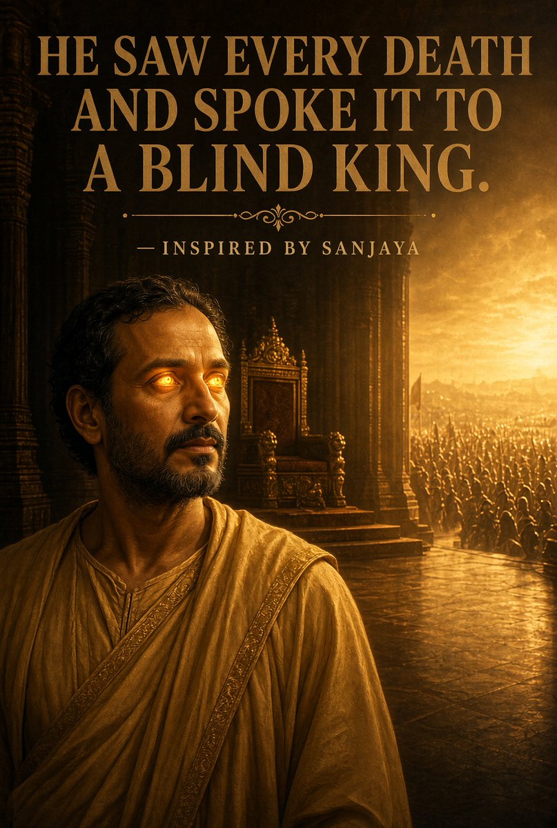 Imagine_Bharat's tweet photo. Sanjaya 

The charioteer who saw everything, and the voice that made a blind king witness the war

Some characters in the Mahabharata fight with swords.
Some with strategy.
Sanjaya fights with sight—and with words.
Minister and charioteer to King Dhritarashtra of Hastinapura, Sanjaya occupies a unique position in the epic. He is loyal to the king, yet honest in his counsel. He is part of the Kaurava court, yet never fully aligned with its adharma. When the Kurukshetra war begins, he is not on the battlefield as a warrior—but he is there in the only way that matters to Dhritarashtra: as the king’s eyes.
Dhritarashtra, blind from birth, cannot witness the war that will decide the fate of his sons, his kingdom, and his dynasty. He is consumed by anxiety, torn between love for his children and fear of the consequences of their actions. In his despair, he turns to Vyasa, the sage who fathered his lineage, and begs for a way to know what is happening on the battlefield.

Vyasa grants him a boon: his minister Sanjaya will be given divya drishti—divine sight. Through this power, Sanjaya can see every event of the war, no matter how far away, and recount it to the king in real time. He can also perceive thoughts, intentions, and the deeper currents of dharma and adharma that move beneath the surface of battle.

And so, as the conch shells blow and the armies clash, Sanjaya becomes the narrator of the Mahabharata’s most sacred section: the Bhagavad Gita. He stands beside Dhritarashtra in the royal hall, describing the formations, the duels, the deaths, and—most importantly—the dialogue between Arjuna and Krishna on the battlefield.

Sanjaya’s narration is not neutral. He does not flatter Duryodhana. He does not soften the blows. When Duryodhana falls, when Karna is slain, when the Kaurava army crumbles, Sanjaya tells the truth, however painful. He describes Arjuna’s skill, Krishna’s wisdom, and the steady march of destiny. He watches heroes die, vows break, and families unravel—all from the vantage point of a blind king’s side.

Yet, Sanjaya is more than a reporter. He is a witness to the moral architecture of the war. He sees not just who wins and loses, but why. He understands that this is not merely a conflict between cousins, but a cosmic reckoning—a moment when dharma itself is being tested and redefined.

When the war ends, Sanjaya’s role does not vanish. He remains with Dhritarashtra as the old king grapples with grief, guilt, and the ruins of his family. He is present when Dhritarashtra finally renounces the world and retreats to the forest, seeking penance. In some versions, Sanjaya himself eventually leaves for the Himalayas, his divine sight no longer needed in a world that has moved past the age of heroes.

Sanjaya’s story is a meditation on:

The power of perspective—how one person’s vision can shape another’s understanding.

The burden of truth-telling in a court that prefers comfort.

The role of the narrator—not just as a recorder of events, but as an interpreter of meaning.

In the Mahabharata’s vast cast of warriors, kings, and sages, Sanjaya stands apart:
The man who saw a war he did not fight.
The voice that made a blind king witness his own tragedy.
The witness whose words became scripture.

#Mahabharata #Sanjaya #Dhritarashtra #BhagavadGita