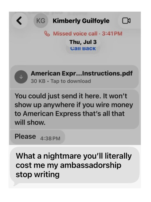 ImBreckWorsham's tweet photo. Newly revealed texts allege to show Trump’s Greece ambassador Kimberly Guilfoyle asking a donor to wipe out her $100,000 credit-card debt in exchange for favors—then repeatedly begging the donor not to put it in writing.

So much for “draining the swamp.” https://t.co/ujYepL6R1L