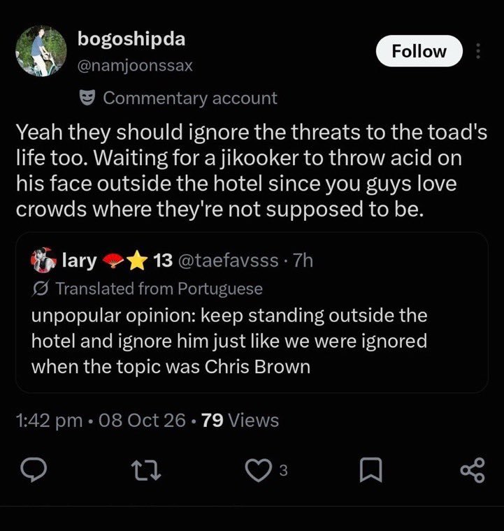 Tae_Singapore's tweet photo. ⛔️ Taehyung’s safety is NOT something to take lightly.

Death threats, acid attack threats, and wishes of physical harm toward Taehyung are never “defending” anyone. They are harassment and threats of violence.

Taehyung is not responsible for anyone else’s actions or controversies. Leave him out of it.

If you encounter these accounts or messages, report them, block them, and preserve evidence. Do not engage or give them more attention.

Draw the line at violence. Taehyung’s safety is not a fandom debate.

WE DEMAND HYBE and BIGHIT:   TAKE THESE THREATS SERIOUSLY!
@HYBEOFFICIALtwt
@bts_bighit

PROTECT TAEHYUNG  
PROTECT YOUR ARTIST 
BIGHIT AND HYBE TAKE ACTION 
#ProtectTaehyung #ProtectYourArtist
