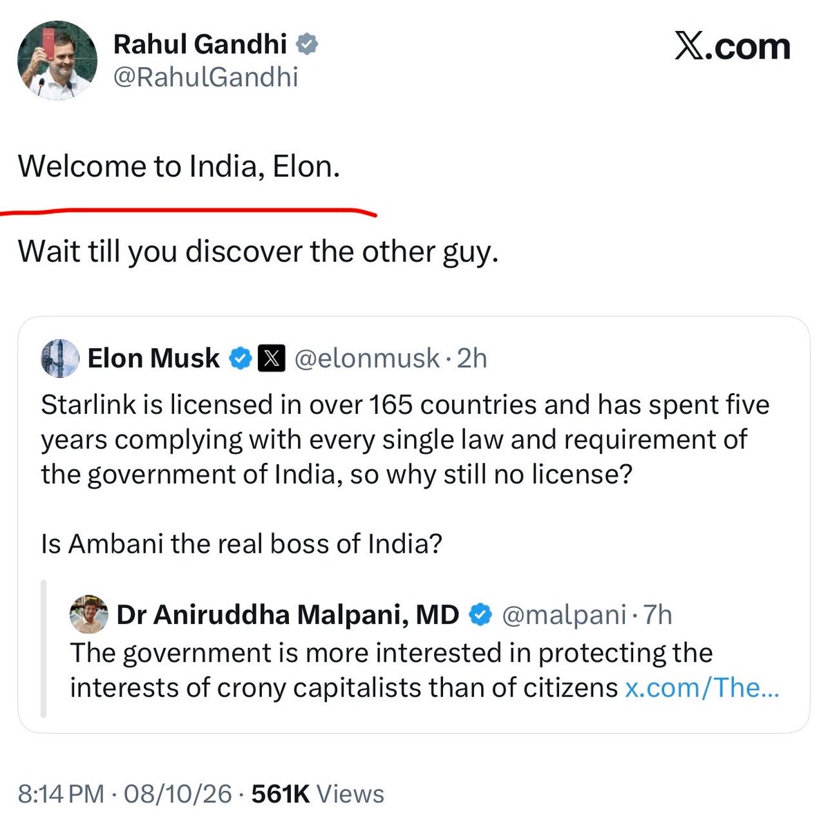 TrulyMonica's tweet photo. Translation: “Welcome to India, Maalik. Now please help us come back to power and enforce a regime-change. We promise to sell out the country like we did in the past. Pretty please 🥹🙏🏻” https://t.co/2ZV9uTTibF