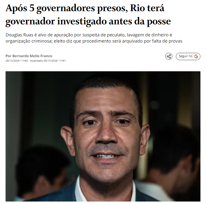guidelage_'s tweet photo. Nem tomou posse e o Douglas Ruas já é investigado por suspeita de peculato, lavagem de dinheiro e organização criminosa. 

Depois de 5 GOVERNADORES PRESOS, o Rio vai começar 2027 assistindo ao mesmo filme.

Rio de Janeiro, o eterno replay.🤡 https://t.co/3OHecKhTCi