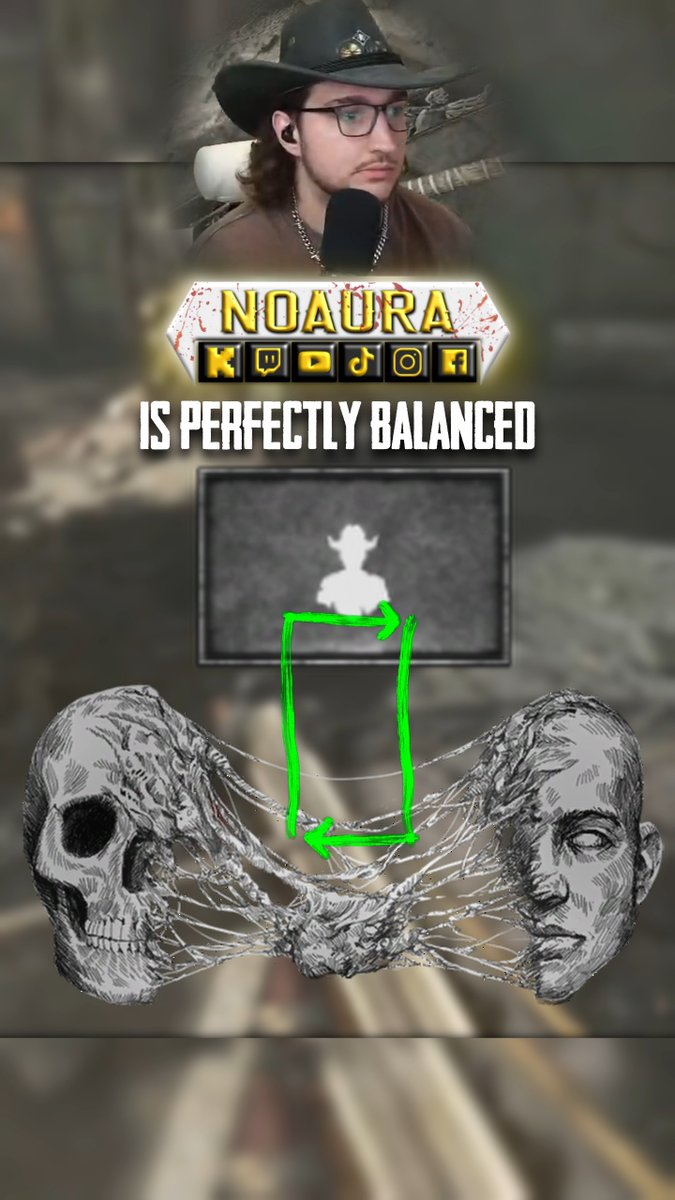 A YouTube-style graphic featuring a person in a cowboy hat and the text "NOAURA IS PERFECTLY BALANCED," with a background illustration of a skull and face connected by threads, and a silhouette with green arrows.