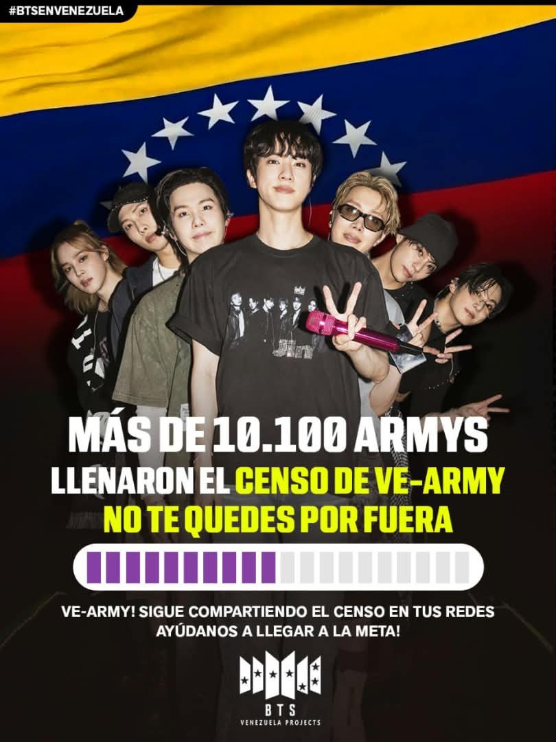 btsvzlaprojects's tweet photo. 📍Ya somos más de 10.100 ARMYs en el censo de VE-ARMY💜
 
¡Muchísimas gracias por sumarse y demostrar la fuerza tan grande que tenemos en Venezuela! Pero esto no se detiene aquí... ¡Ayúdanos a compartirlo y llegar a la meta final!

🔗En el post fijado. https://t.co/mphqQ2bzCH