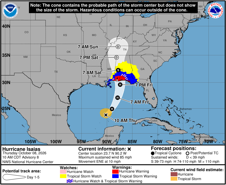 LaStateClimate's tweet photo. Isaias continues to intensify and has estimated maximum sustained winds of 85 mph. It is currently moving ENE at 10 mph and is expected to turn north and accelerate. Peak intensity will likely be over the Gulf with some weakening occurring prior to landfall near the AL/FL border. https://t.co/ZiC6PvuEMF