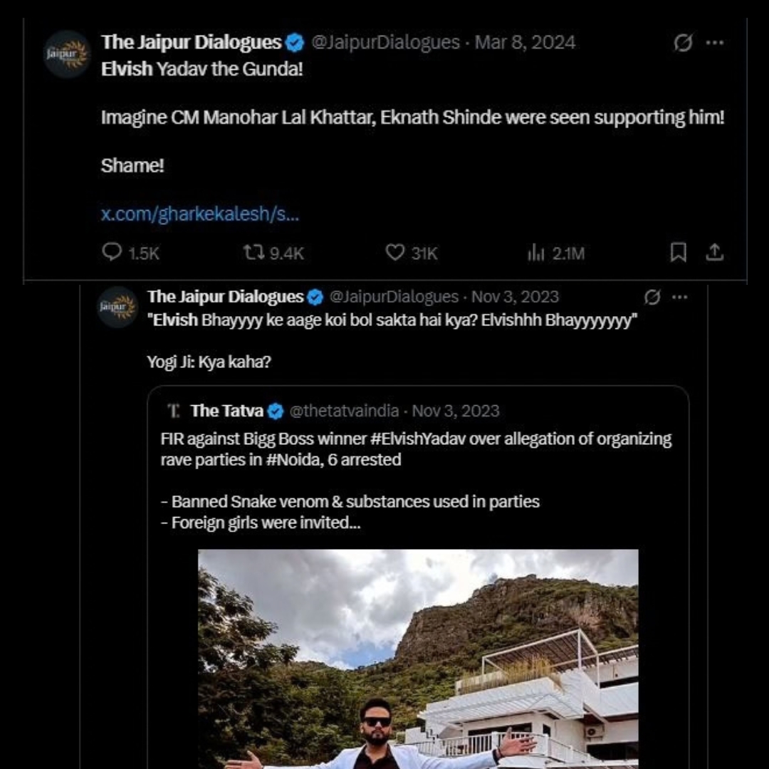 eris62585's tweet photo. Now they want #ElvishYadav’s support😭

Jab BJP ke ek MP ne Elvish ko fake case mei phasaya tab 80% RW accounts ne Elvish ko mentally harass kiya.
Sabse zyada @JaipurDialogues  @Sanjay_Dixit ne kiya.

Tab se hi Elvish &amp; #ElvishArmy ne RW se distance banana shuru kar diya. https://t.co/fChGx1qxc8