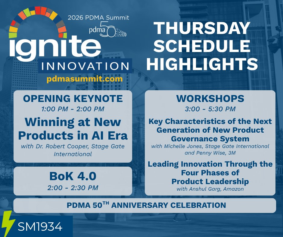PDMAIntl's tweet photo. Good morning from Atlanta! Day 1 of #PDMAIgnite is here, and we have a full day of product innovation ahead, followed by a celebration of 50 years of PDMA tonight. 🎉 Let’s Ignite Innovation!

CODE: SM1934

#ProductInnovation #PDMA50 https://t.co/6uy7Olo0Zh