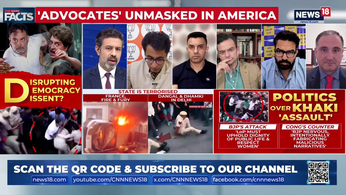 A News18 broadcast graphic titled "'ADVOCATES' UNMASKED IN AMERICA" features a panel of commentators discussing global political unrest, with sections highlighting "POLITICS OVER KHAKI 'ASSAULT'" and clips showing police violence in France and Delhi, relating to the post's discussion of insurrection and civil unrest.