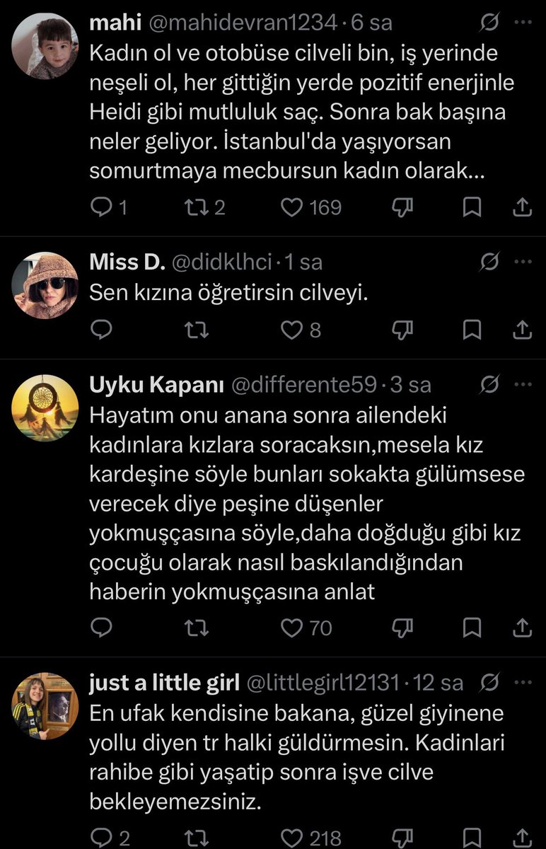 halledicemki's tweet photo. Y*b*zlar yorumlar da yine konuyu kaydırdı.

Kimse senden otobüste, markette, iş yerinde cilve beklemiyor. Sevgilinle, seçtiğin adamla, kapalı kapının ardında da aynı odunsan mesele sokak değil.

AnlatBacım’daki kız da yabancıya gülümsemek için sormuyor. Adam cilveye bayılıyor, o beceremiyor, kurs istiyor.

“Yollu derler” bahanesi burada bitiyor. Baskı sokakta olabilir. Odunluk ilişkide.