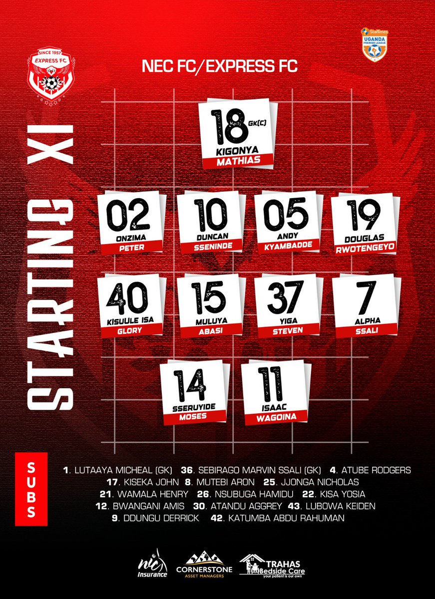 ExpressFCUganda's tweet photo. Sseninde &amp; Sseruyidde earn their starts.

Here is Coach Morely Byekwaso’s Starting XI for tonight’s clash against NEC FC.

#NECEXP #RedEagles #ExpressFC https://t.co/0k8zo6ss0w