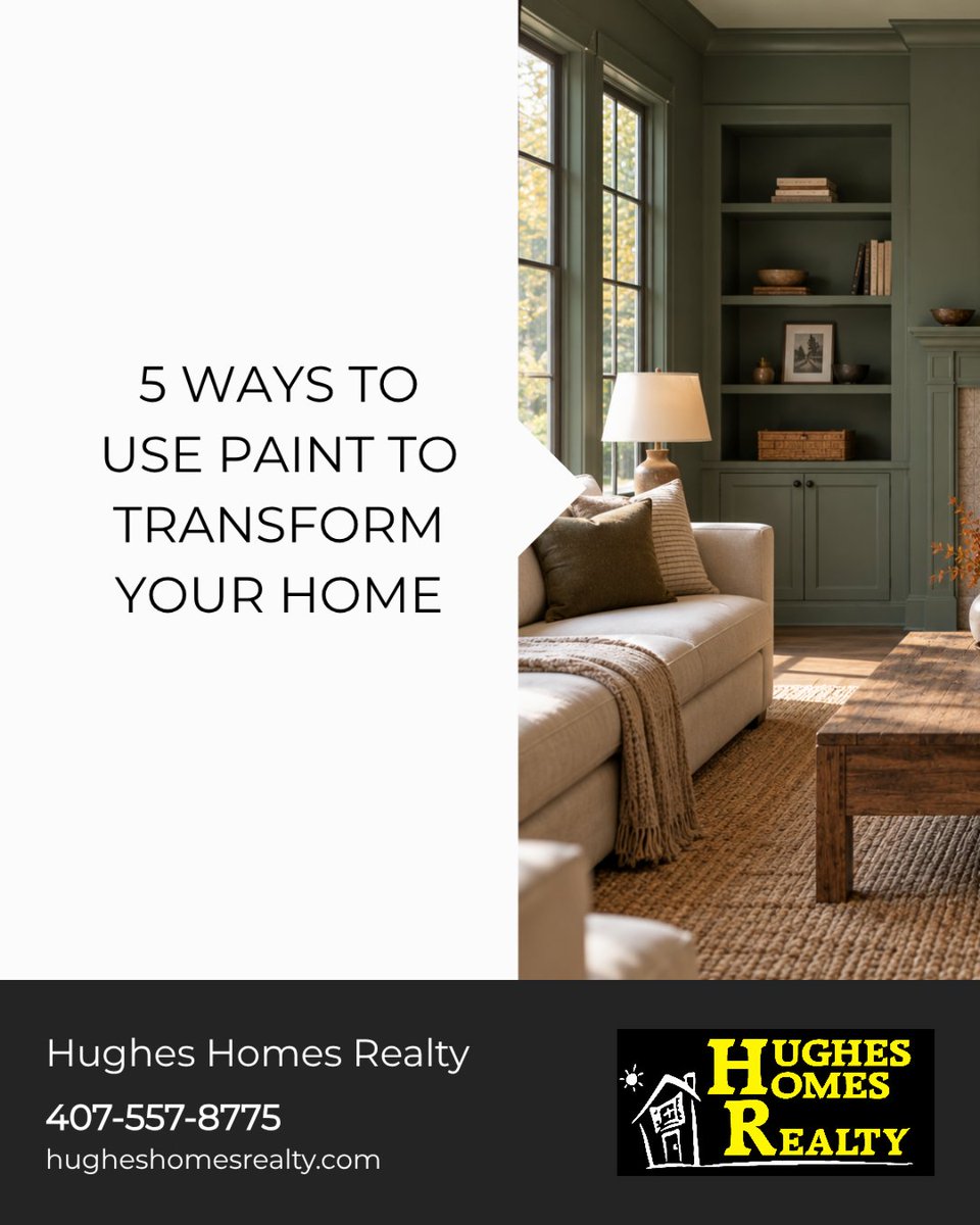 hugheshomesreal's tweet photo. A little paint can make a big difference! 

🎨 Try a bold accent wall, refresh cabinets, update your front door, add neutral interior paint, or touch up scuffed trim and baseboards. 

Save these ideas for your next home refresh!

#HugheshomesRealty #HHR #nojunkfees https://t.co/WZtkbUcDn9
