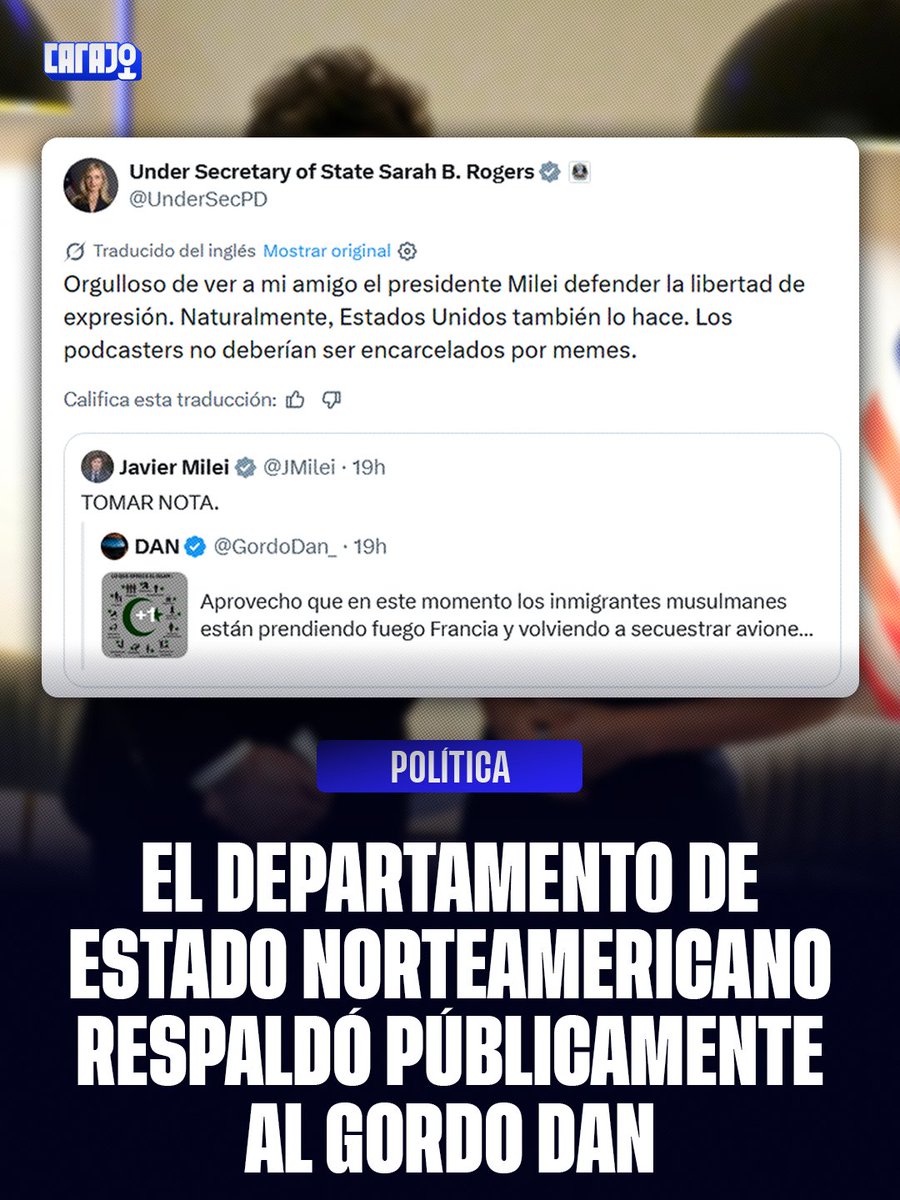 CarajoStream's tweet photo. EL DEPARTAMENTO DE ESTADO DE EE.UU. SE SUMÓ A LA DEFENSA DEL GORDO DAN 🗽

La subsecretaria de Estado Sarah Rogers destacó la postura de Milei ante la denuncia penal del Centro Islámico contra DAN y aseguró que Estados Unidos también defiende la libertad de expresión. https://t.co/F7Y3TuAJNE