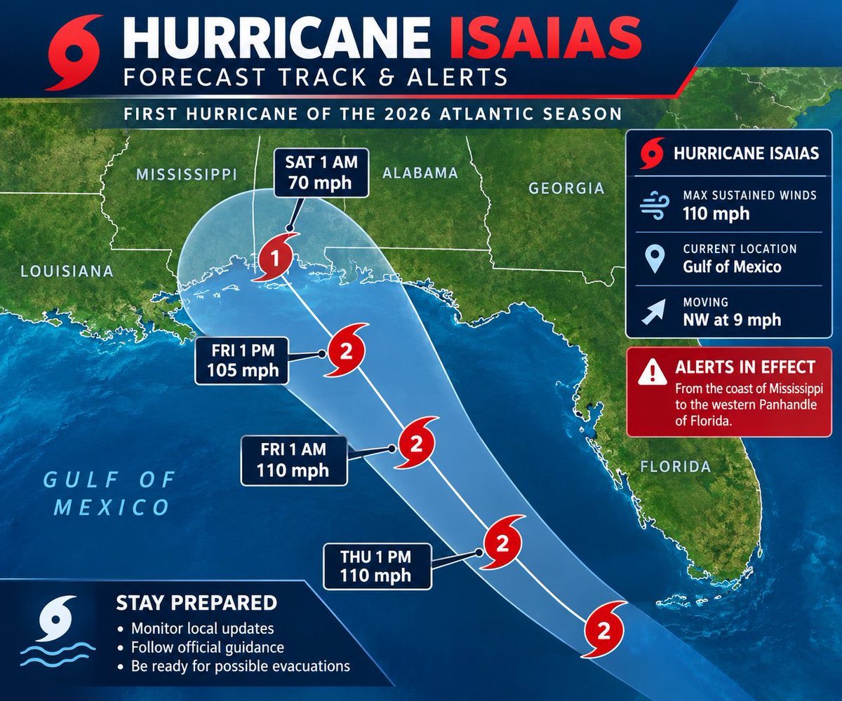 Victoria90zg's tweet photo. Isaias has become the first hurricane of the 2026 Atlantic season. 🚨 Alerts are in effect from coastal Mississippi to Florida’s western Panhandle as the storm threatens the Gulf Coast. Stay informed 👇 

https://t.co/1LpIyZlZUs 

#HurricaneIsaias #Weather https://t.co/ZIQCFk0fzr