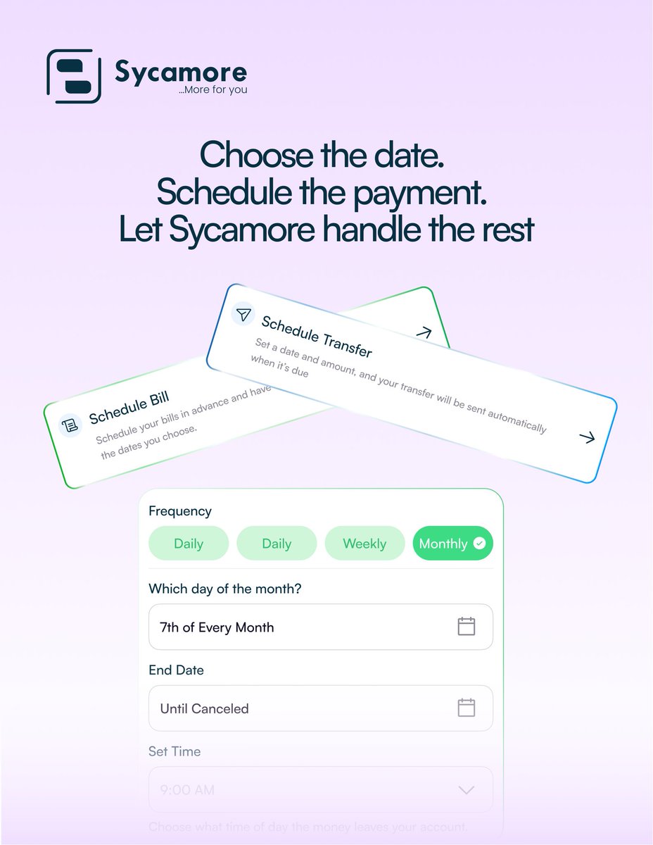 SycamoreNG's tweet photo. Scheduled Payments is now live on the Sycamore app

Plan ahead and automate your recurring payments for airtime, data, cable TV, electricity bills, and transfers.

Set it once. Stay on track. Never miss a payment💚✨ https://t.co/v2CC58zSmj