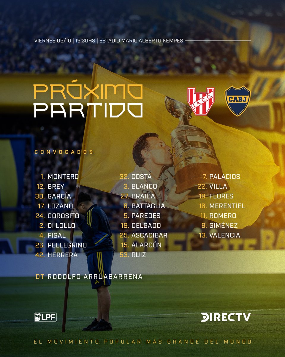BocaJrsOficial's tweet photo. 🔜 ¡𝗣𝗥𝗢́𝗫𝗜𝗠𝗢 𝗣𝗔𝗥𝗧𝗜𝗗𝗢!

⚽ #Clausura2026 
🆚 Instituto
🗓 Viernes 09/10
🕙 19:30
🏟 Estadio Mario Alberto Kempes
💻 @ElCanaldeBoca 

#DaleBoca 🔵🟡🔵 https://t.co/pZYcO31mdp