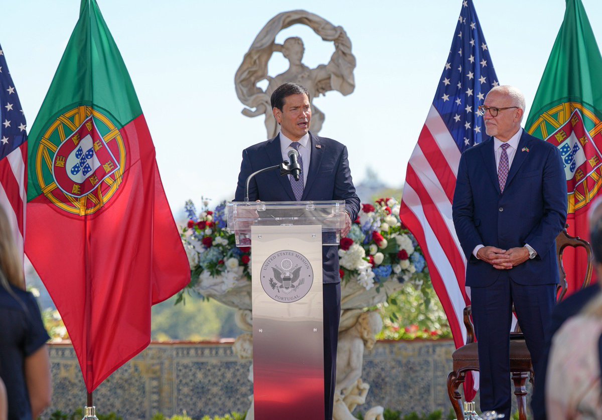 SecRubio's tweet photo. It was great meeting the team at @USEmbPortugal. 

Every day is an opportunity to tell America’s story. With your help, we are strengthening this historic U.S.-Portugal partnership one day at a time. 

Thank you for your professionalism and hard work in advancing U.S. interests in Portugal, across Europe, and around the world.