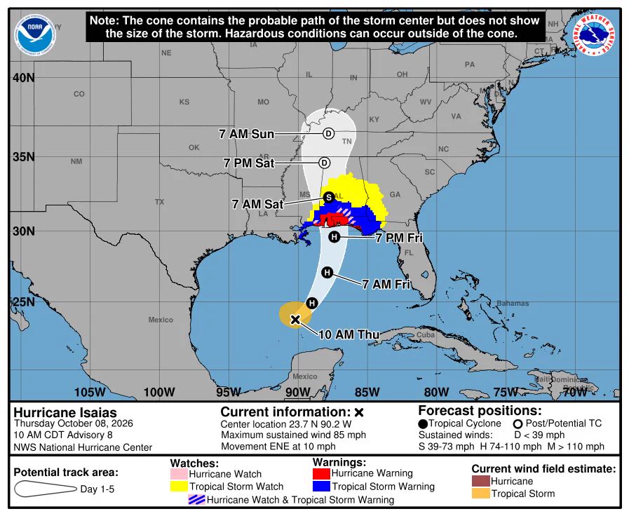 National Hurricane Center forecast for Hurricane Isaias, issued October 8, 2026, at 10 AM CDT. Isaias has maximum sustained winds of 85 mph and is moving east-northeast at 10 mph. The hurricane is forecast to approach the northern Gulf Coast Friday evening, making landfall near the Mississippi-Alabama coastline before weakening as it moves inland Saturday and Sunday. Hurricane and tropical storm warnings are in effect along portions of the Gulf Coast, with additional tropical storm watches and warnings extending inland. Hazardous conditions can occur outside the forecast cone.