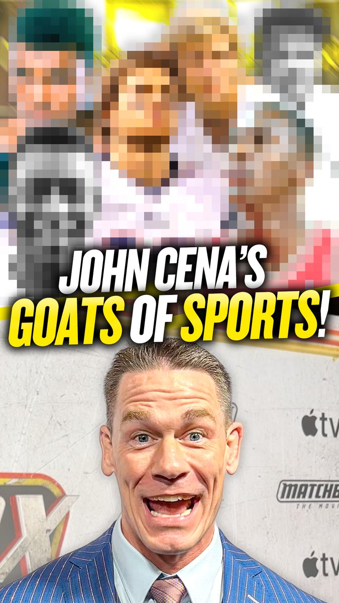 John Cena smiles brightly in a blue pinstripe suit at a "Matchbox" movie event, with the bold text "JOHN CENA'S GOATS OF SPORTS!" overlaid above him, promoting his picks for the greatest athletes of all time ahead of the film's streaming debut on Apple TV on October 9, 2026.