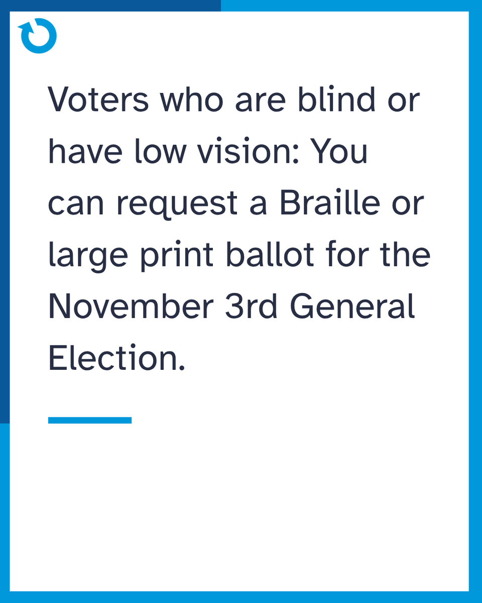 ability360's tweet photo. Voters who are blind or have low vision: You can request a Braille or large-print ballot for the General Election.

In Maricopa County: Call (602) 506-1511 or email SEB@maricopa.gov. For other counties, find your County Recorder's contact information at https://t.co/xVvvB6lwvc https://t.co/WWvN3yPxtO
