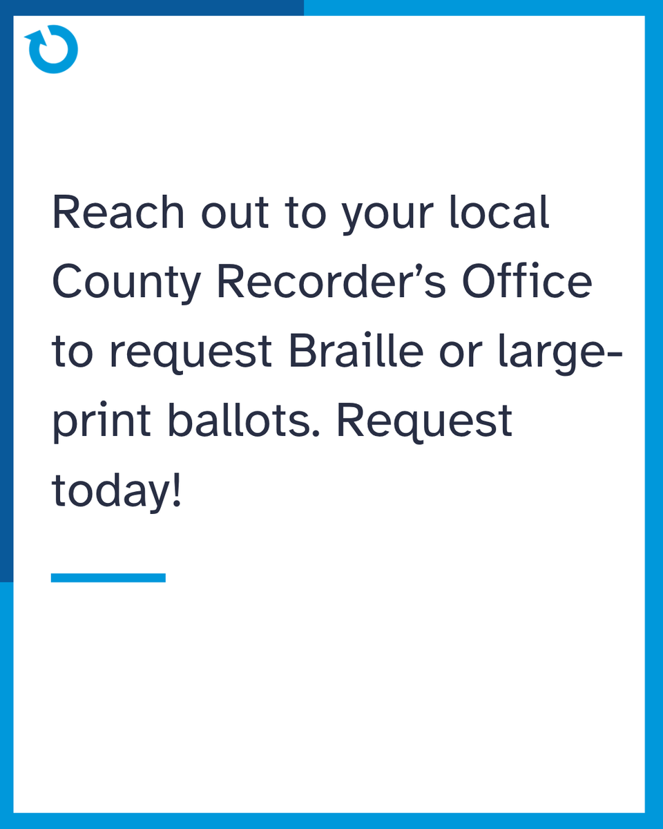 ability360's tweet photo. Voters who are blind or have low vision: You can request a Braille or large-print ballot for the General Election.

In Maricopa County: Call (602) 506-1511 or email SEB@maricopa.gov. For other counties, find your County Recorder's contact information at https://t.co/xVvvB6lwvc https://t.co/WWvN3yPxtO