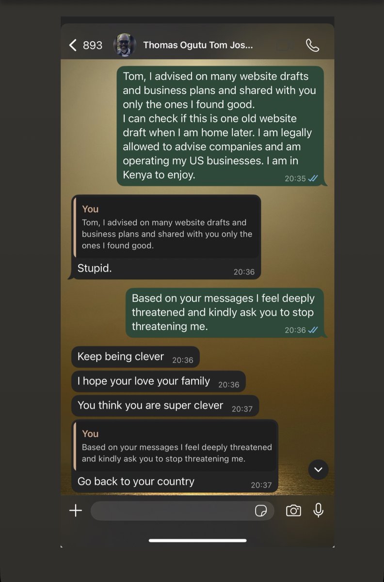 hnnsbnd's tweet photo. “He is accusing ruto of corruption.” DCI director dorcas simalo screamed to @DCI_Kenya  director daniel kandie once in front of me.
As if he’s her daddy who will protect her…after I rightfully called her Gigiri office out for the corruption they did & suppression of evidence to protect ogutu over months. 

The corrupt police/DCI, con men thomas ogutu, dennis volemi, charles kerich ao were all so arrogant to think I’m naive.
“We’ll threaten him & he’ll go quiet.” 
Nope, not me. And the abduction attempt by the DCI officers meeting me “off duty” to help I avoided, too. 
Still here.

So many audio recordings, documents & reports to be revealed.
They thought I didn’t record? I literally always had three phones with me. 
One to show them, two to record.

The conversations with DCI directors like daniel kandie or dorcas simalo were the wildest. Or amin’s office - the guys at the top are such salesmen. 
You believe them they’ll actually do something when you talk to them.
Genuinely think they could sell anything.

They always got so furious when I - after I was asked for bribes - claimed the system is corrupt.

Lots of audio and more to come. We have just been warming up so far.

Here a few texts and a phone call of Vegrid ceo thomas tom omondi mboya ogutu threatening me
https://t.co/ijXZf9BY9y
