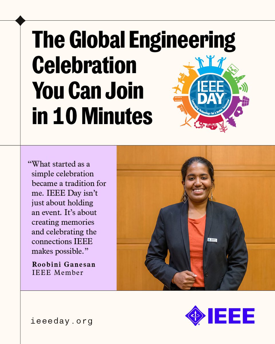 IEEEorg's tweet photo. IEEE Day spans 100+ countries and 1,000+ events.  And it's not too late to get involved. This year’s celebrations are underway until 17 October.

IEEE Day Vice Chair Roobini Ganesan shares how the event grew and why joining is easier than you’d think: https://t.co/bhm5Ly1Rro https://t.co/bsy6RoSmip