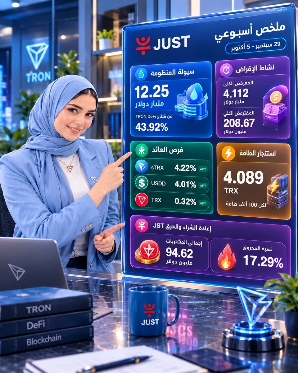 LOGYBTC's tweet photo. 1/
كنت براجع أرقام JUST الأسبوعية بسرعة، وكنت فاكر إن الموضوع هيكون مجرد تحديث عادي.

لكن أول ما جمعت الأرقام جنب بعض، حسيت إن الصورة أكبر من مجرد أرقام طالعة ونازلة.

وده اللي ظهر في أسبوع 29 سبتمبر إلى 5 أكتوبر. 👇

#TRON
#TGF
#TRONGlobalFriends
@TronDao_AR 
@trondao 
@justinsuntron 
@DeFi_JUST