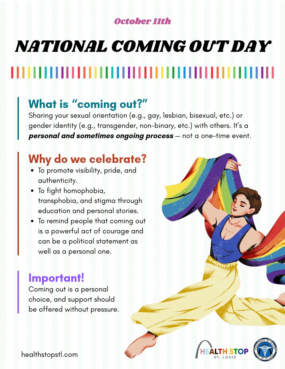HealthStopSTL's tweet photo. National Coming Out Day celebrates LGBTQ+ visibility, affirms identities, and highlights the importance of supportive communities and access to inclusive health care. https://t.co/cQTM1pnePT @CityofSTLDOH https://t.co/rxppEzB1u0