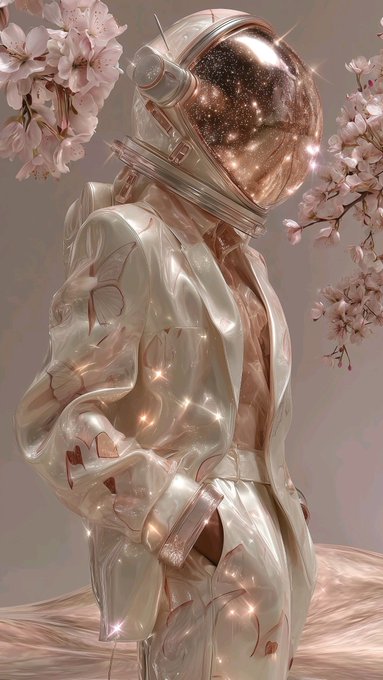 A digital artwork of an astronaut in a translucent spacesuit with a galaxy-filled helmet visor, standing among blooming pink cherry blossom branches with sparkles scattered throughout the scene.